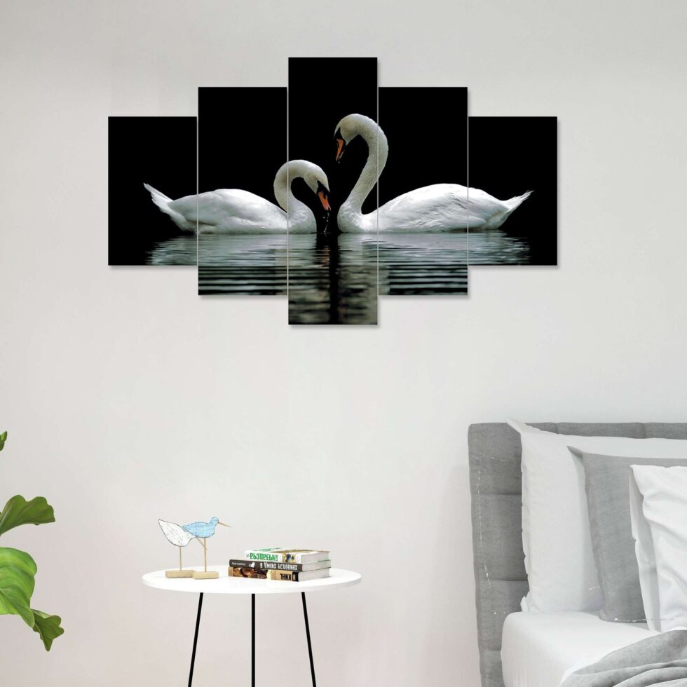 Beautiful white swans on water digital wall art – contemporary wall decor for home interiors.