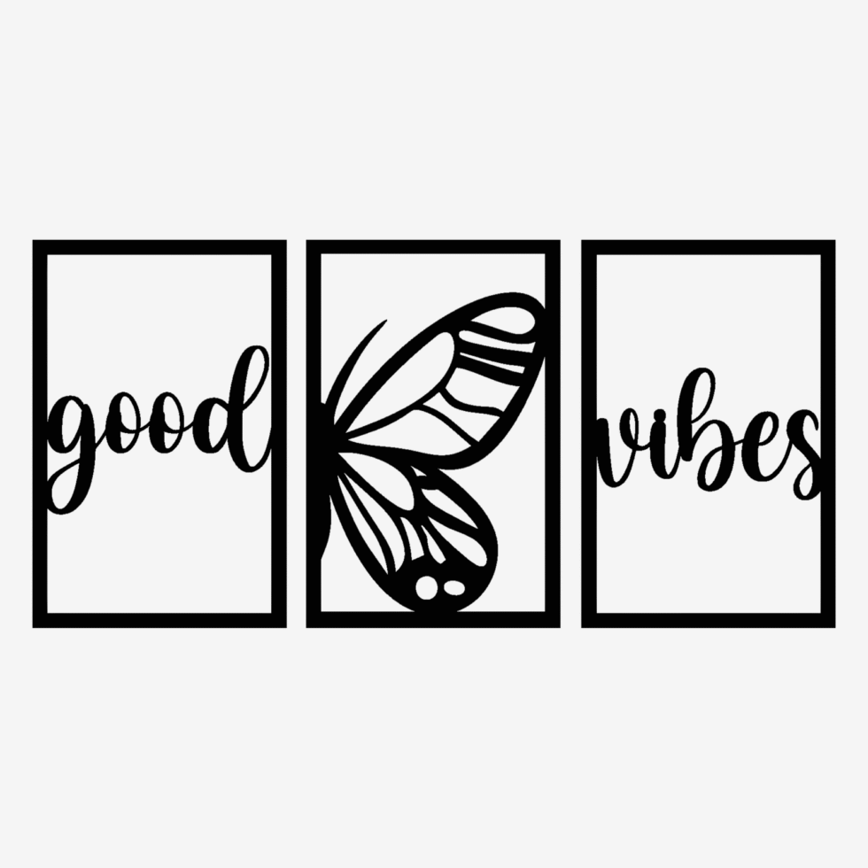 Black metal wall decor saying good vibes for living room interiors.
