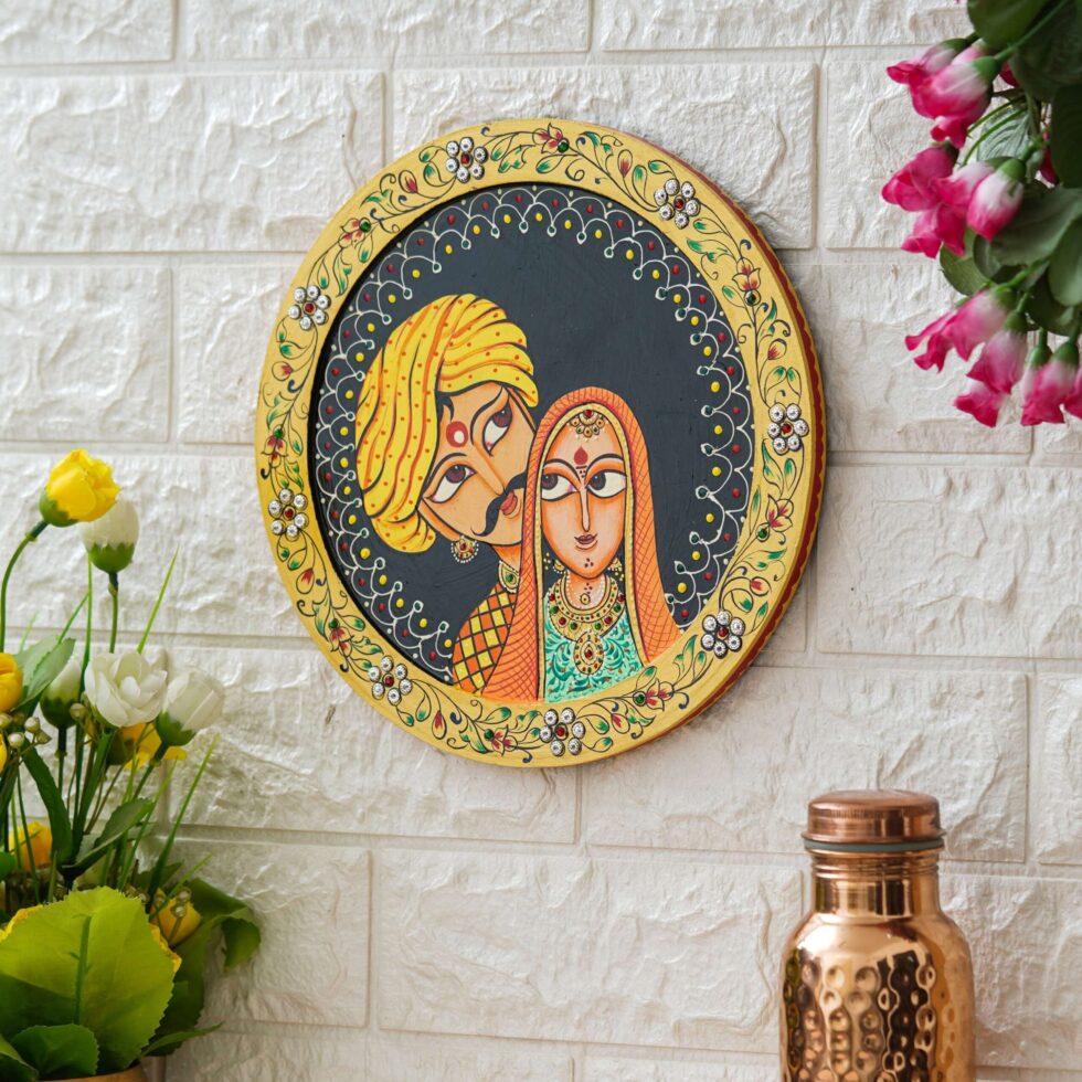 Vibrant royal couple painting – handcrafted-style Indian wall art for living room or gifting.