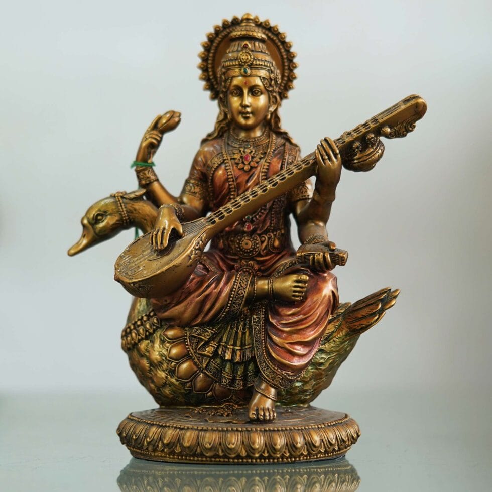 Decorative brass Saraswati Maa idol with fine detailing, ideal for Diwali home and office decoration