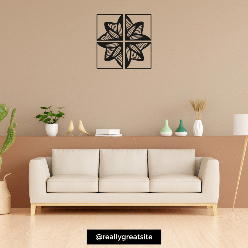 Geometric floral metal wall art in four panels for modern home decor.