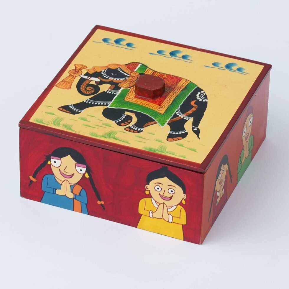 Hand-painted wooden box with elephant artwork and Namaste kids design, traditional Rajasthani art storage box for home decor.