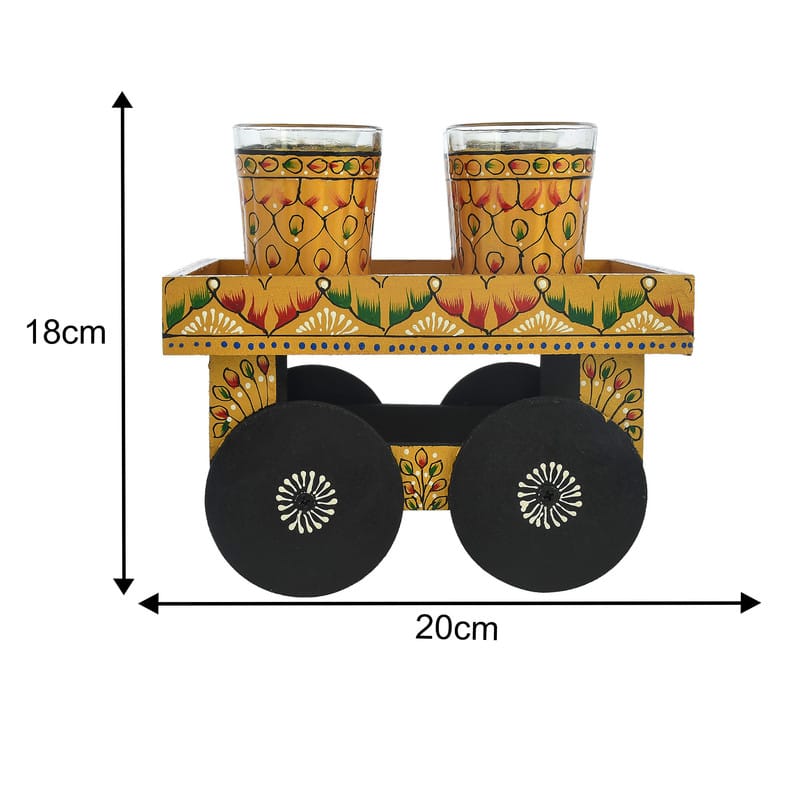 Festive Diwali hand-painted yellow kettle and wooden trolley tea set, ideal for gifting