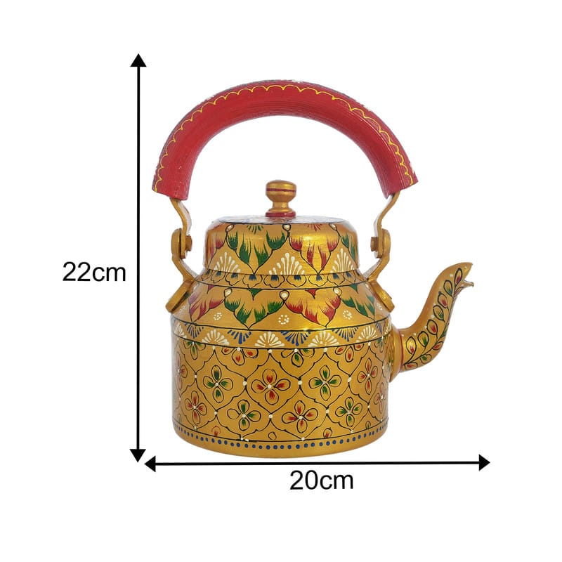 Handmade stainless steel kettle and cart set with ethnic floral artwork, perfect for decor