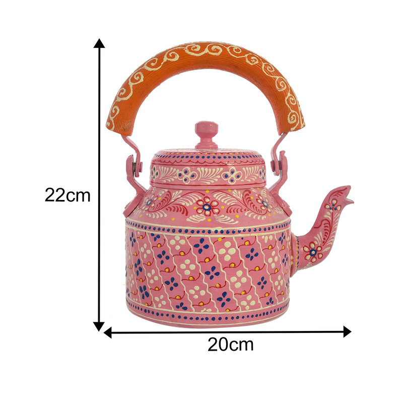 Colorful enamel-painted pink tea set featuring traditional Indian art patterns