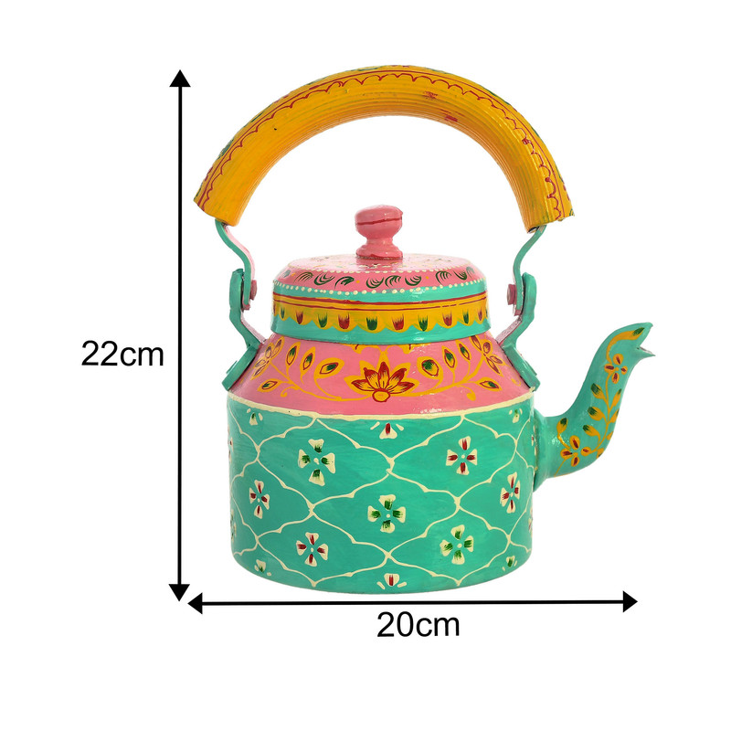 Vibrant turquoise and pink floral hand-painted kettle and wooden tea cart set for home serving