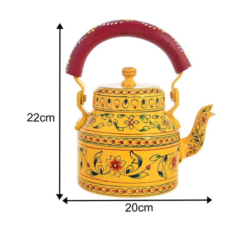Colorful enamel-painted Indian tea set featuring traditional yellow floral patterns