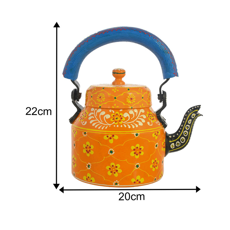 Handmade orange enamel-painted steel kettle and cart set, perfect for kitchen decor