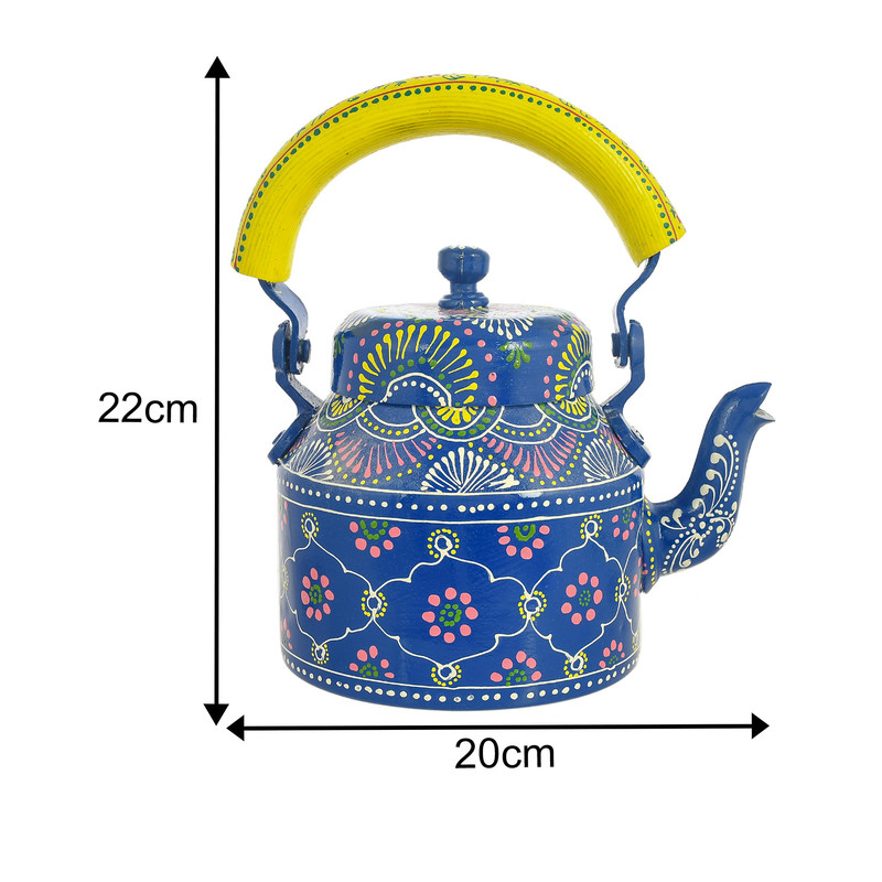 Handmade decorative steel kettle and cup set featuring vibrant traditional motifs