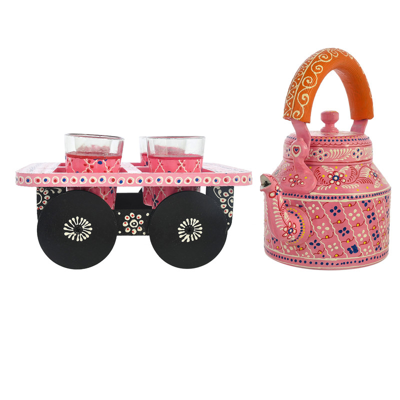 Hand-painted pink wooden tea cart with matching floral steel kettle and glasses