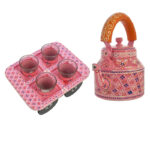 Festive Diwali hand-painted pink kettle and cup holder set, ideal for gifting and serving