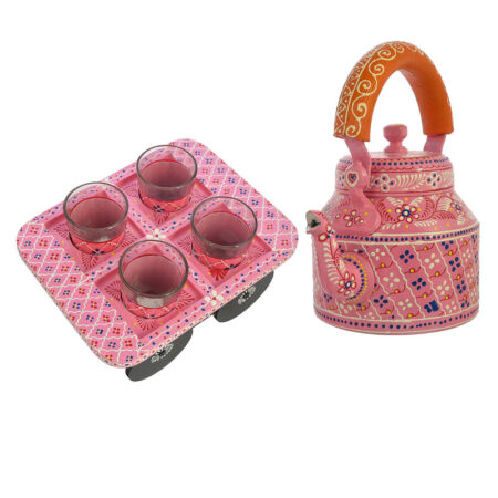 Festive Diwali hand-painted pink kettle and cup holder set, ideal for gifting and serving