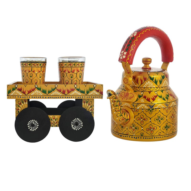 Hand-painted yellow wooden tea cart with matching floral steel kettle and glasses