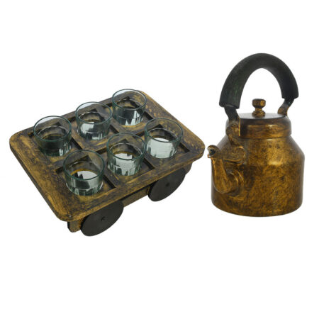 Vintage-style metallic kettle and tea glass holder, perfect for traditional chai serving
