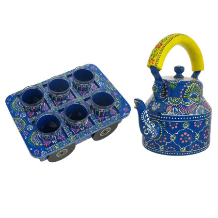 Vibrant blue hand-painted tea kettle and wooden cart glass set, perfect for traditional Indian home decor