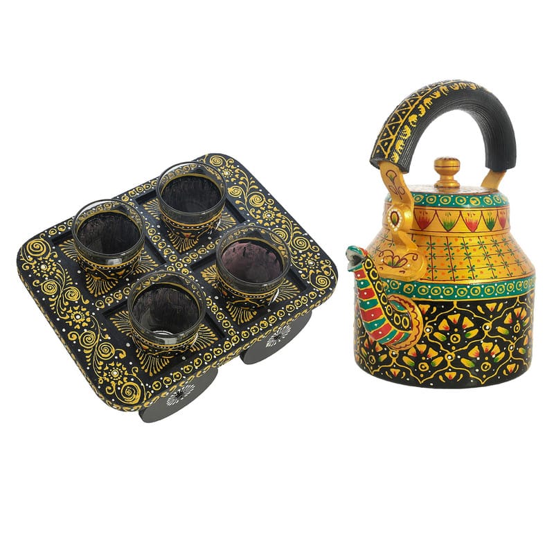 Festive Diwali hand-painted tea kettle with wooden trolley and glass holder set for gifting
