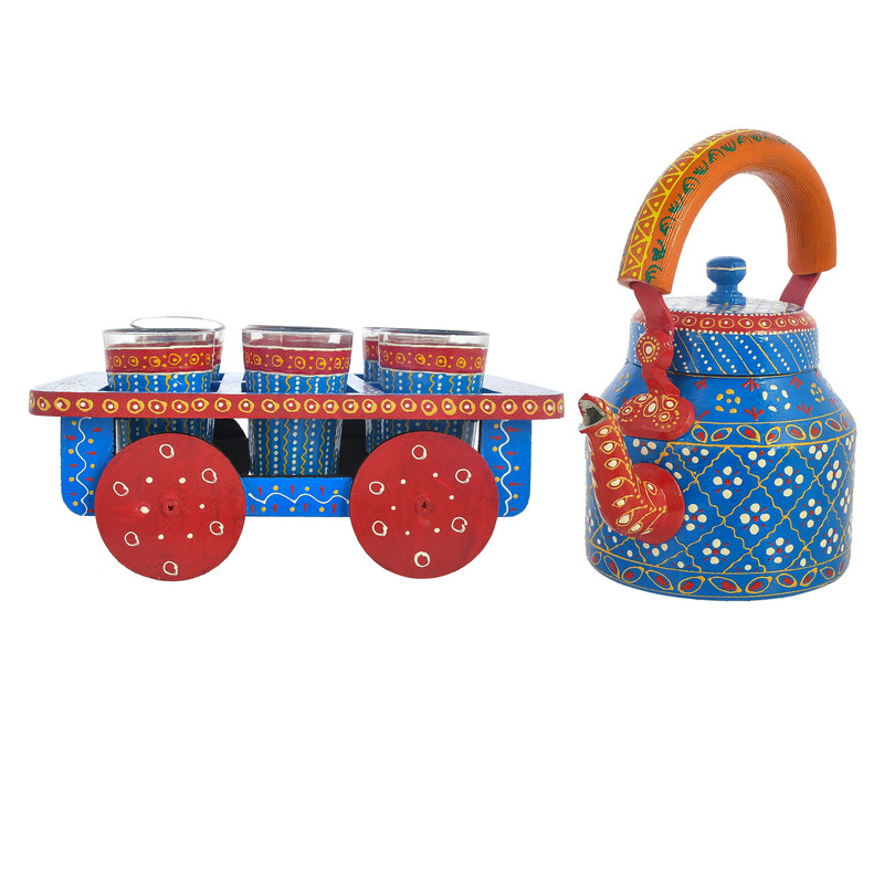 Hand-painted blue and red wooden tea set with stainless steel kettle and glass holder cart