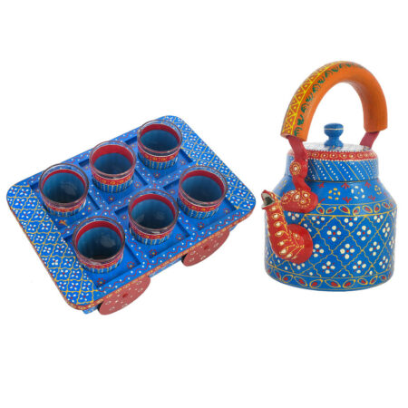 Traditional Indian hand-painted tea kettle and wooden cart glass set, perfect for festive serving and decor