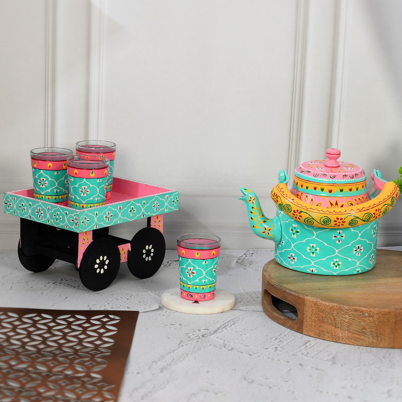 Festive Diwali hand-painted tea kettle and cup holder set, perfect for gifting and decor