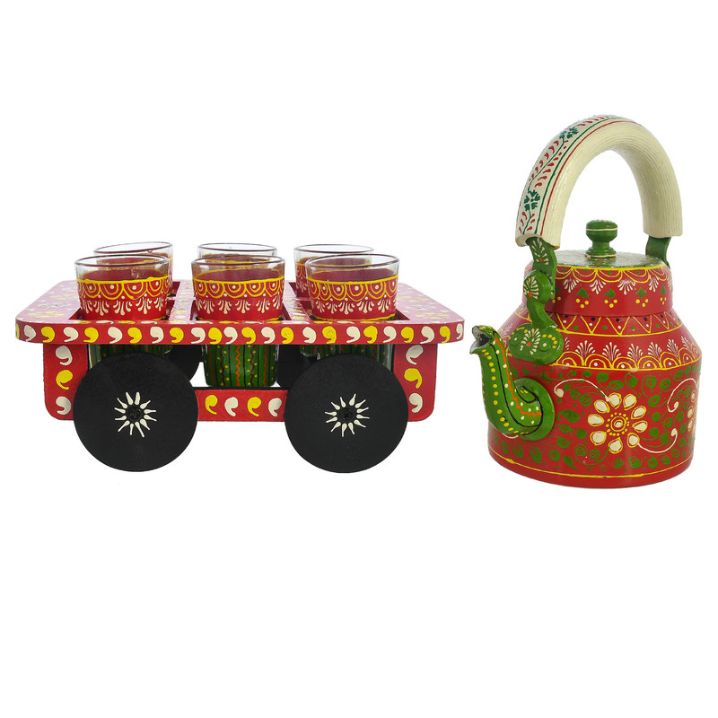 Hand-painted red and green wooden tea cart with matching floral steel kettle and glasses