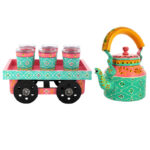 Festive Diwali hand-painted tea kettle and wooden cart glass set, perfect for gifting