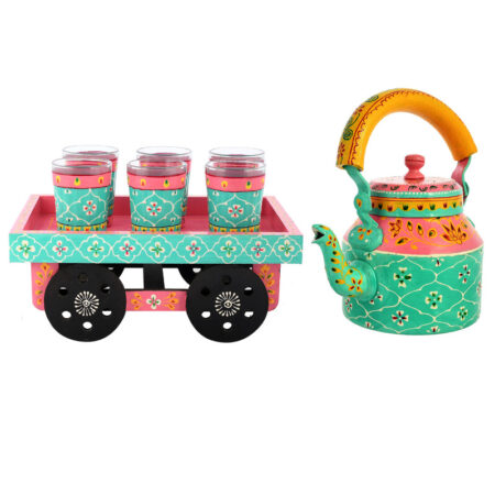 Festive Diwali hand-painted tea kettle and wooden cart glass set, perfect for gifting