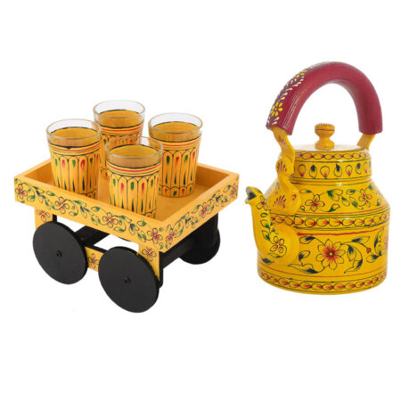 Festive Diwali hand-painted yellow kettle and wooden glass holder set, ideal for gifting