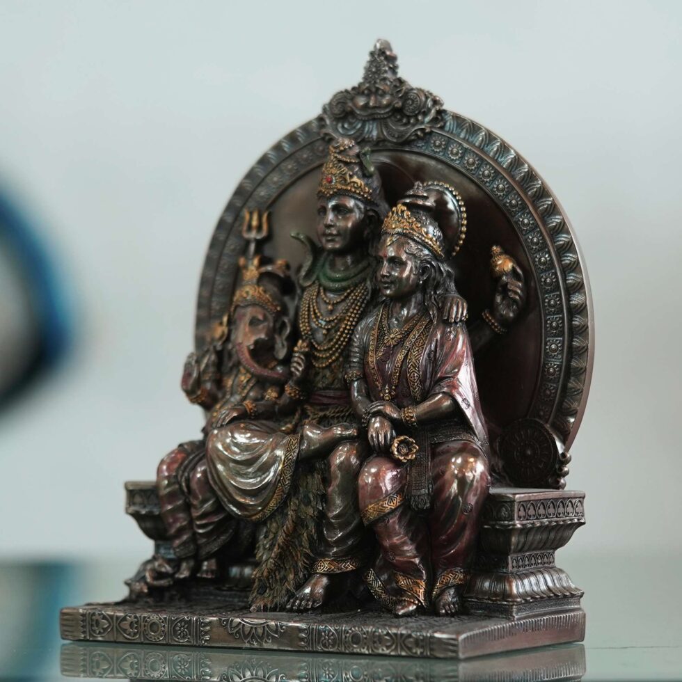 Artisan-crafted bronze Shiva family sculpture, elegant handmade decor for festive interiors