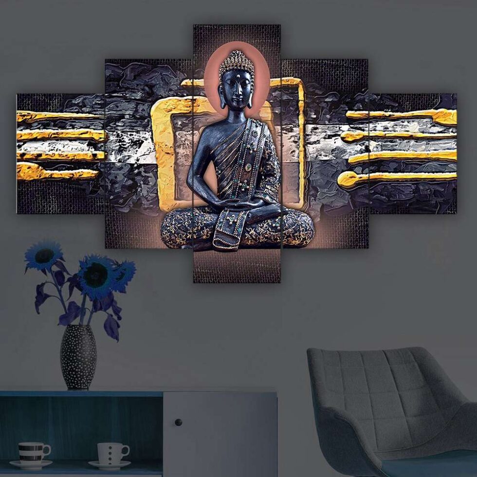Stylish Buddha with abstract gold texture digital canvas painting – modern wall decor for home interiors.