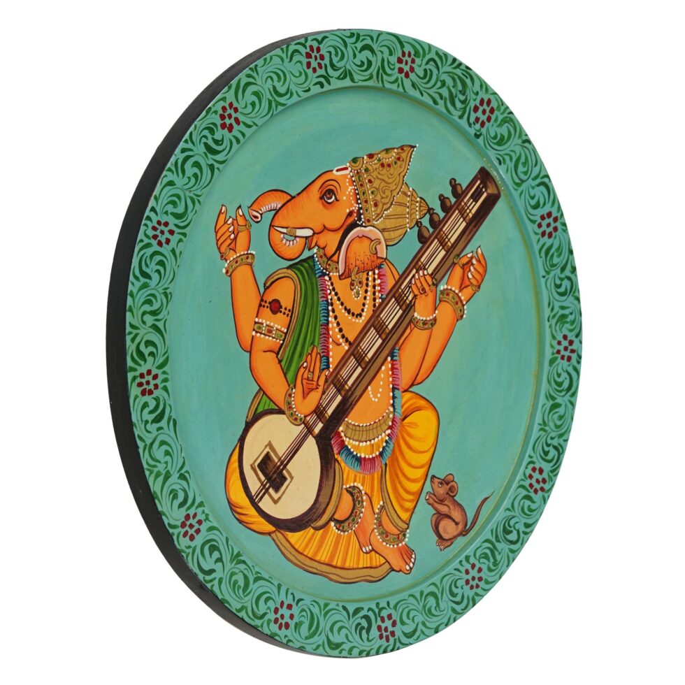 Vibrant Pichwai-style Ganesha with veena painting – ethnic wall decor for home or temple interiors.