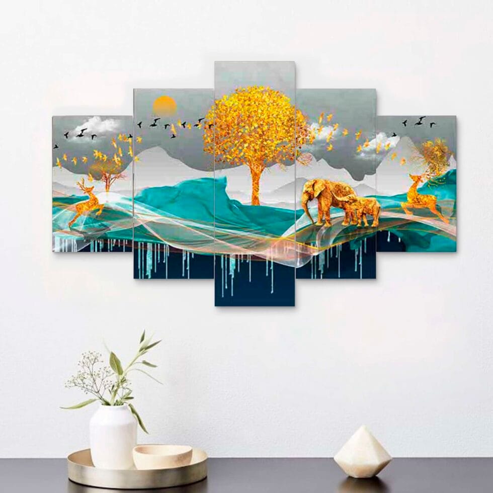 Colorful abstract landscape digital wall art with golden animals – contemporary decor for home interiors.