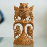 Wooden owl family statue – detailed hand-carved art piece representing good luck and wisdom