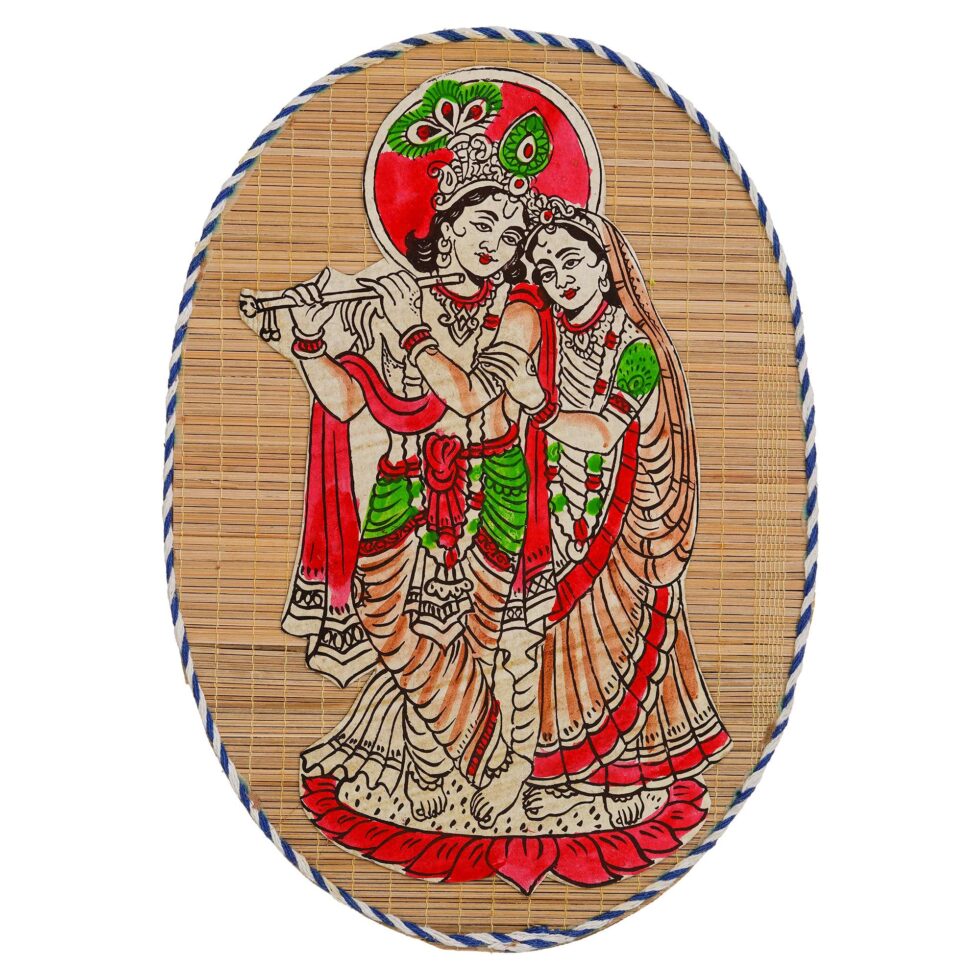 Ethnic bamboo wall art featuring Radha and Krishna, perfect spiritual gift for Diwali festival