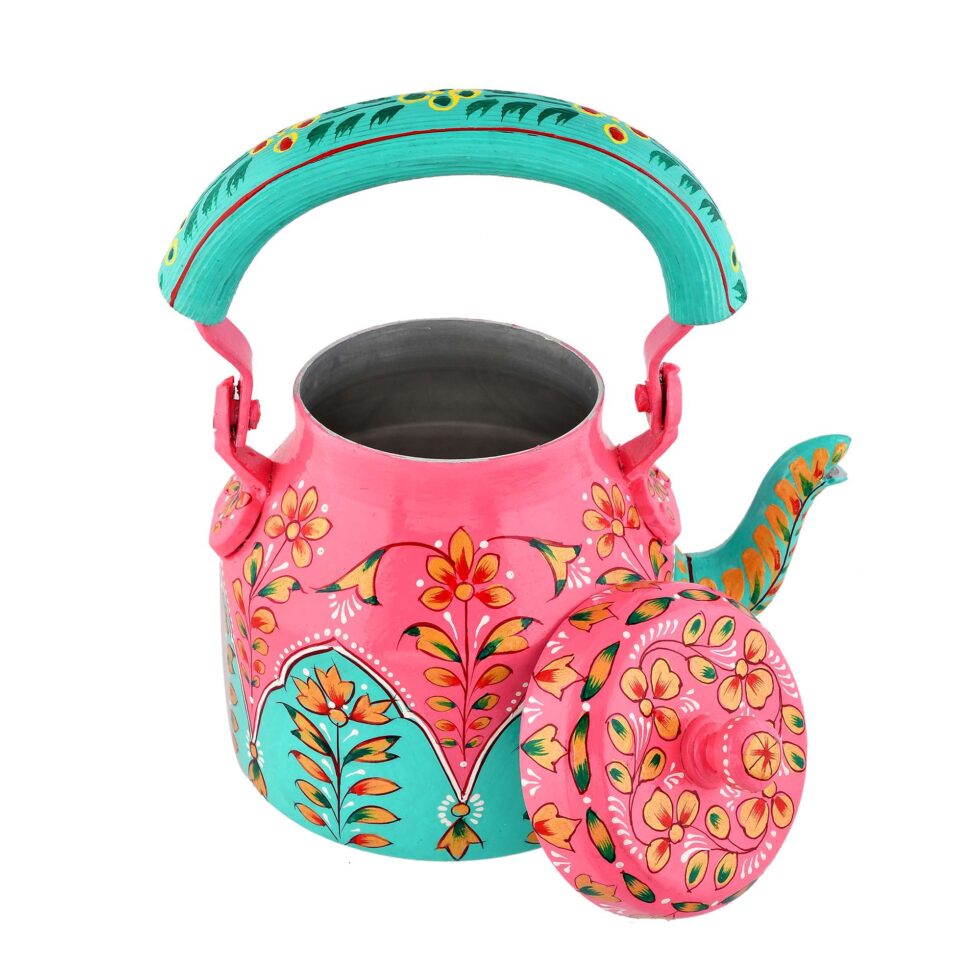 Handmade stainless steel kettle with vibrant floral artwork, perfect for home decor