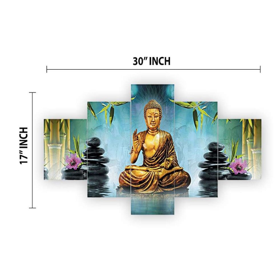Golden Buddha meditation digital wall painting with bamboo and stones – modern spiritual art decor for living room.