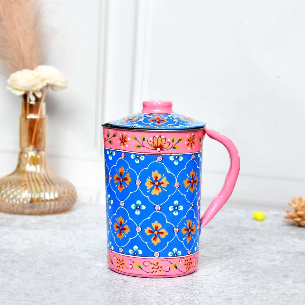 Festive Diwali hand-painted steel jug, ideal for kitchen decor and gifting