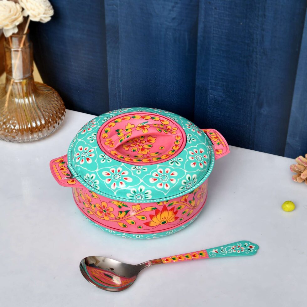 Festive Diwali hand-painted steel casserole set, ideal for serving and gifting