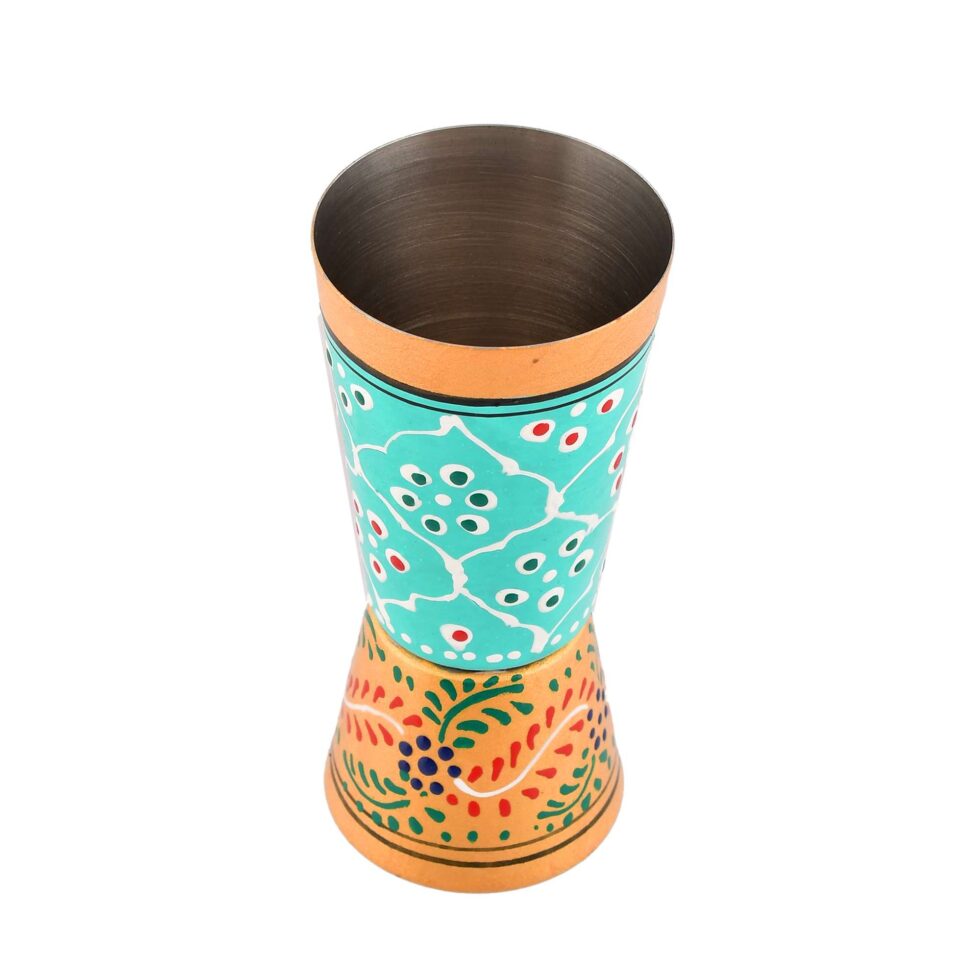 Traditional Indian aluminium tumbler with turquoise flower and vine motifs