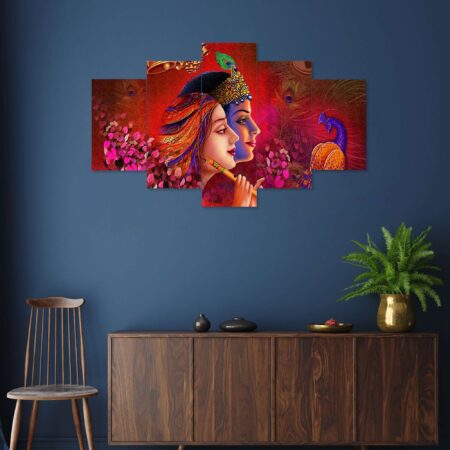 Elegant Radha Krishna digital wall painting with red background – devotional art decor for peaceful spaces.