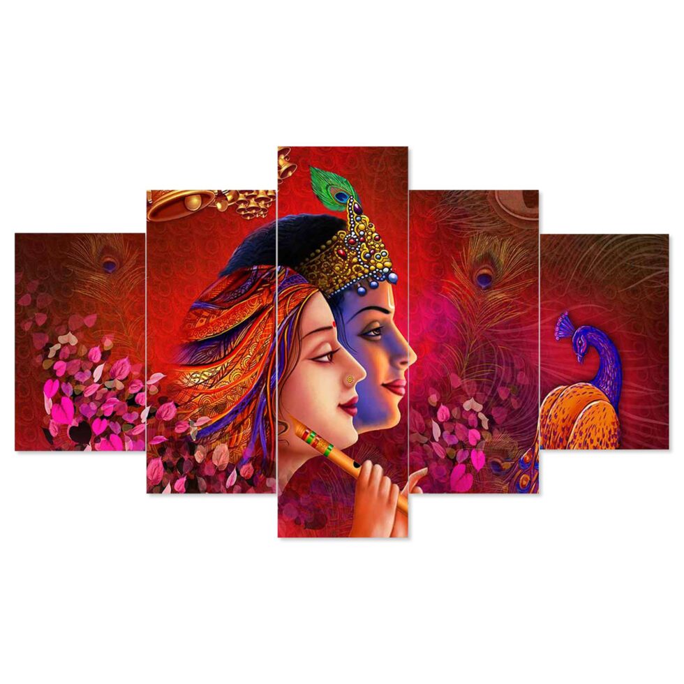 Vibrant Radha Krishna with peacock digital wall art – traditional spiritual wall decor for home interiors.