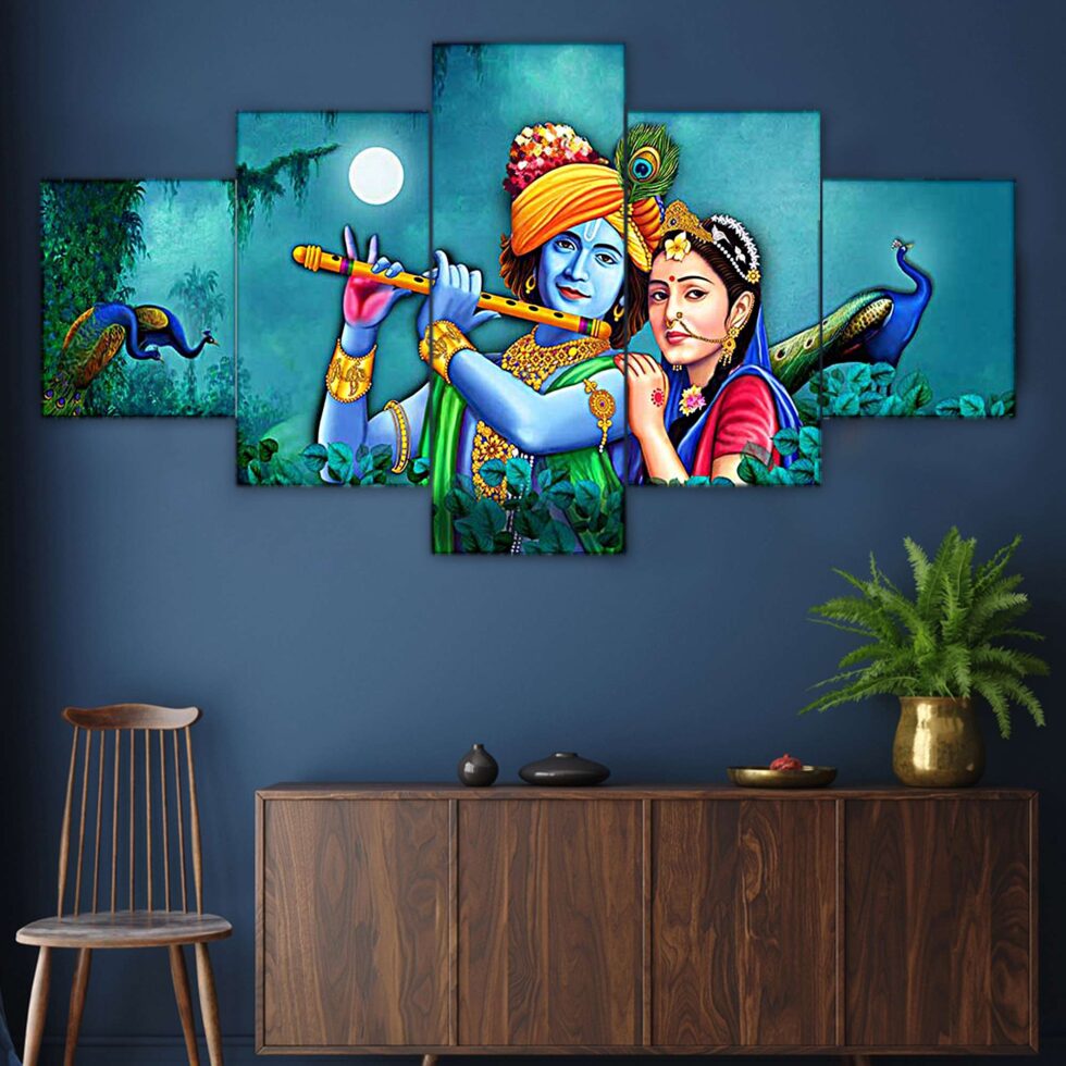 Divine Radha Krishna digital wall painting with flute and peacock – spiritual Indian art decor for living room.