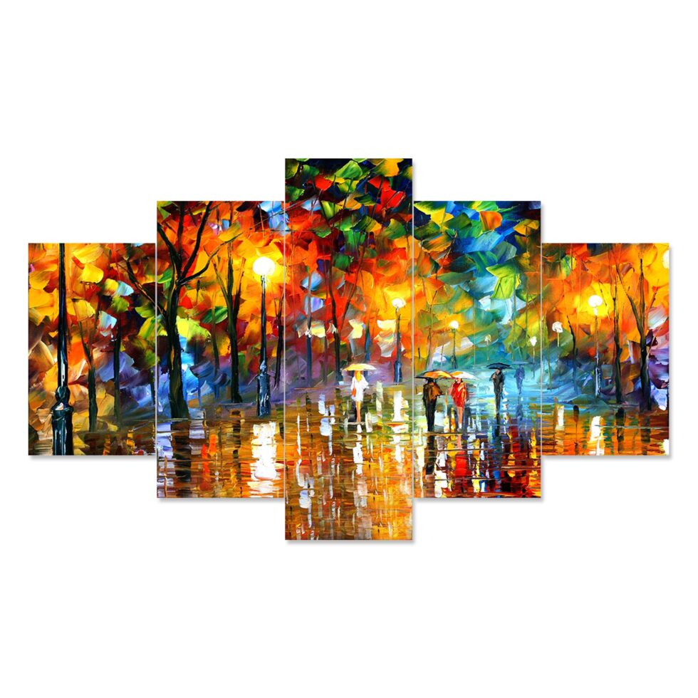 Bright city park digital canvas painting with reflections – artistic modern wall decor for bedroom or gifting.