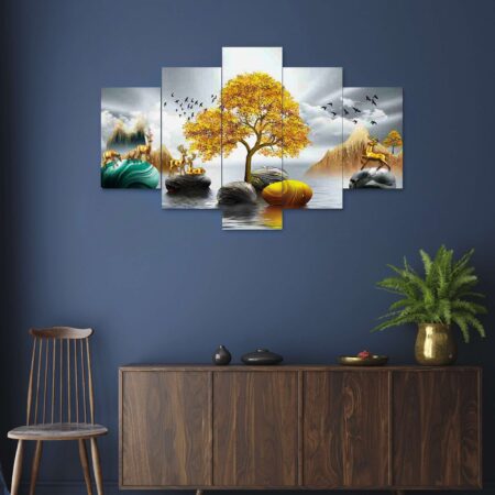 Beautiful golden nature scenery digital wall painting – contemporary Indian art decor for home interiors.