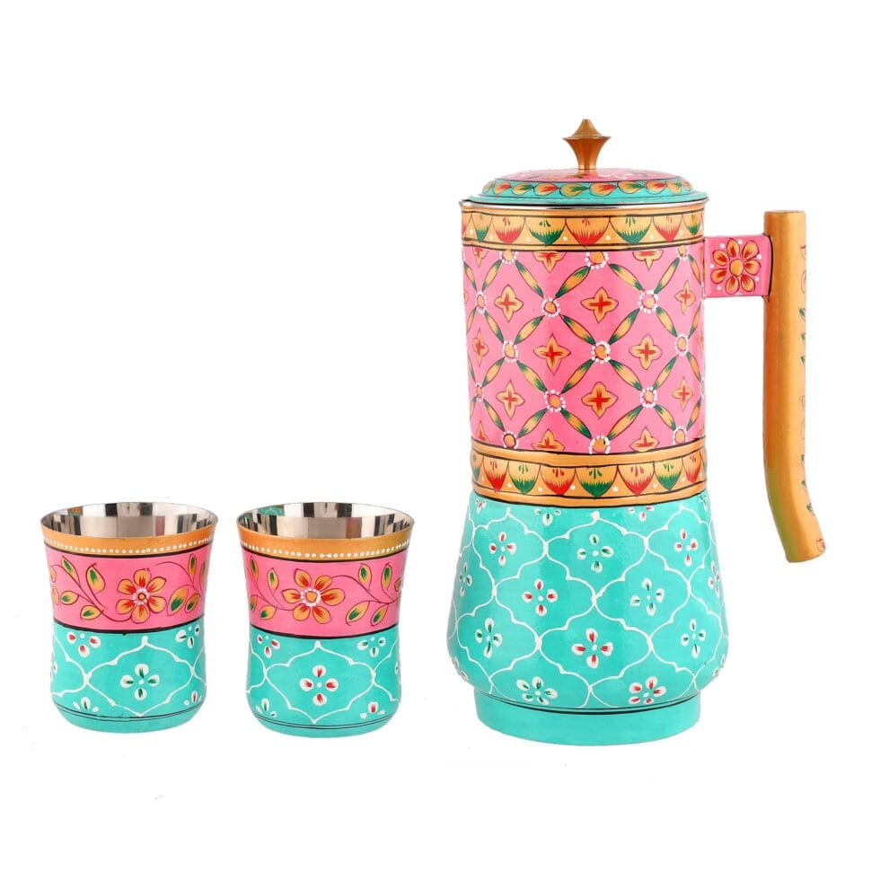 Colorful enamel-painted steel water jug set featuring pink and turquoise patterns
