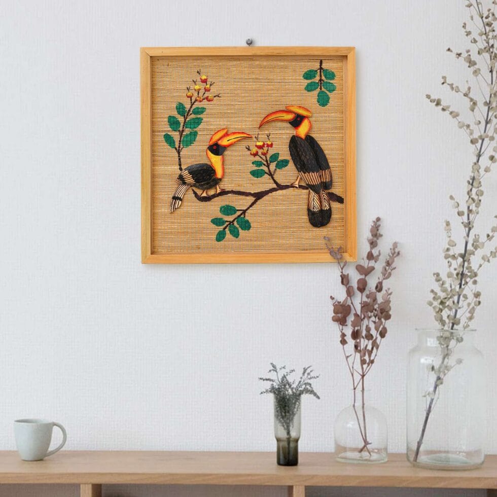 Eco-friendly handmade bamboo wall hanging with hornbill bird design, perfect festive gift for Diwali