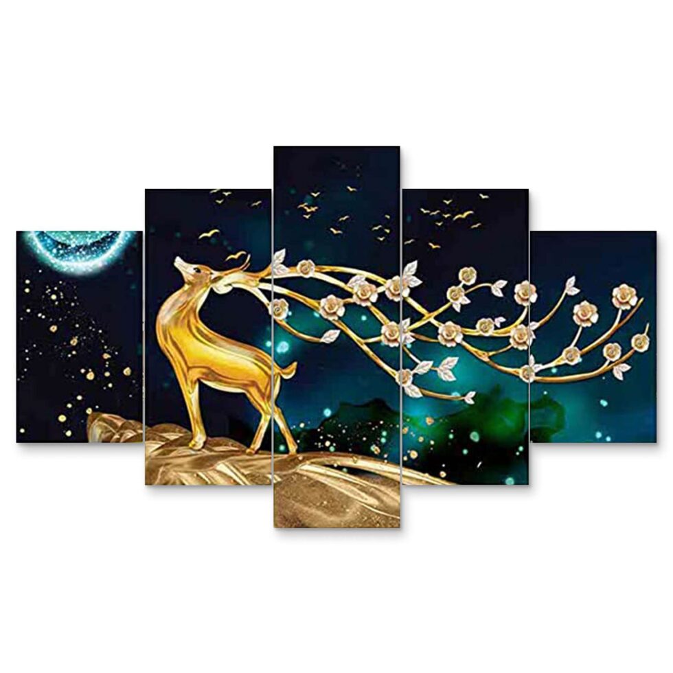 Abstract golden deer and moonlight digital canvas painting – premium art decor for bedroom or office.