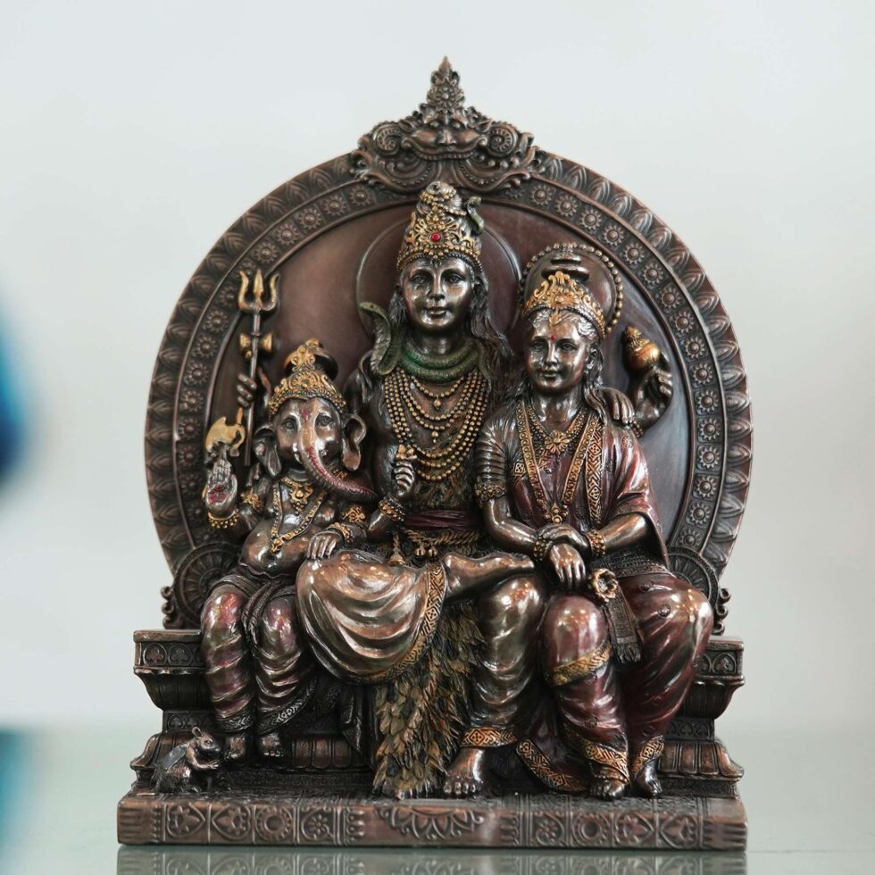 Decorative bronze Shiv Parivar idol with intricate detailing, auspicious Diwali home decor piece