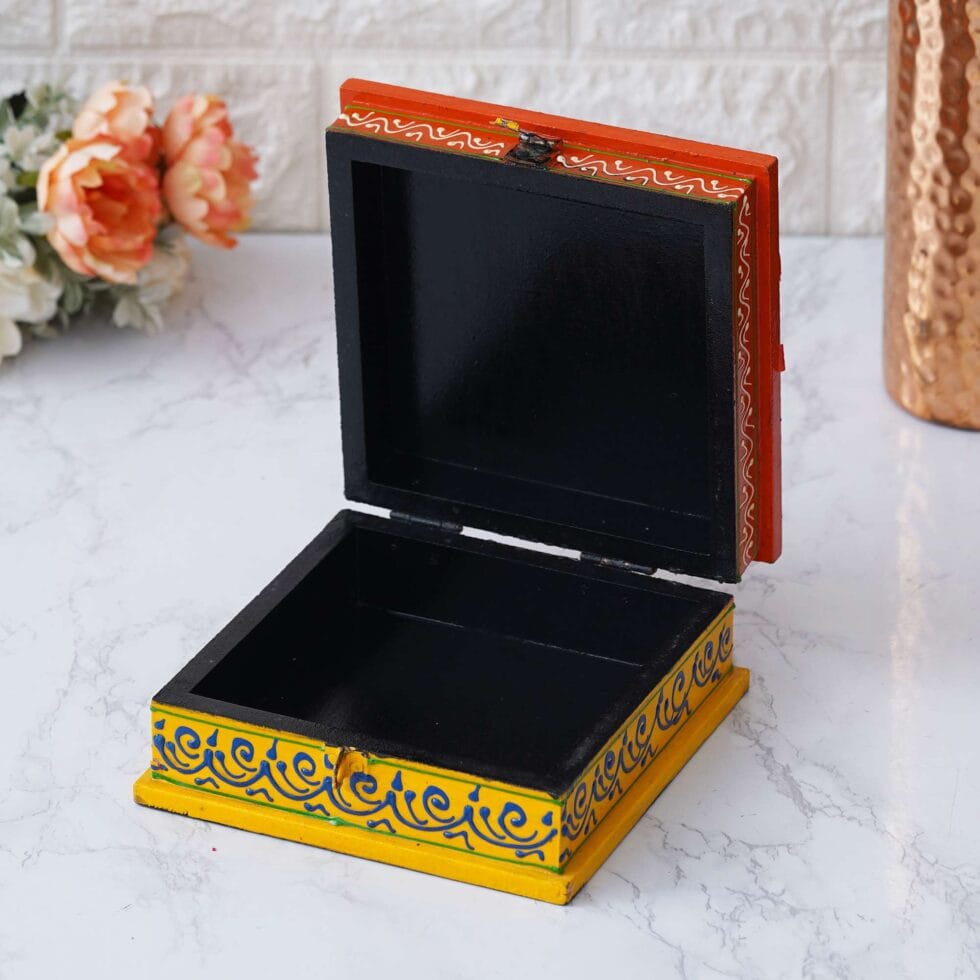 Colorful Rajasthani wooden box with elephant painting, handmade decorative keepsake box for home decor and storage.