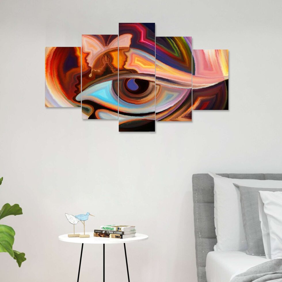 Vibrant surreal abstract digital wall art with eye and butterfly – contemporary wall decor for home interiors.