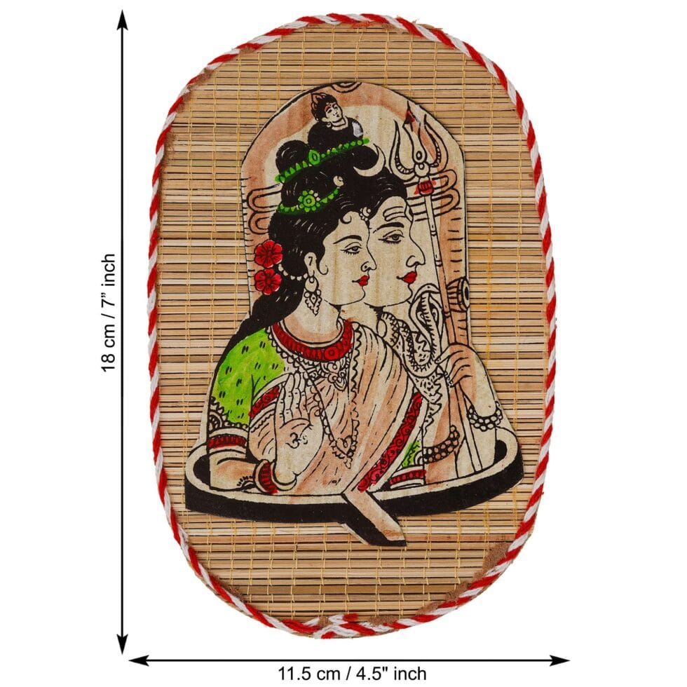 Ethnic bamboo wall art featuring Shiva and Parvati, perfect spiritual gift for Diwali festival